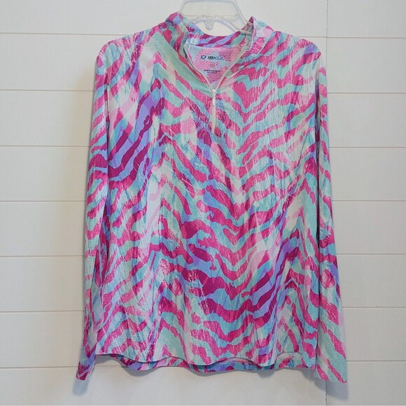 IBKUL 1/4 Zip Pullover Women's XL Pink Blue Zebra Stripes Mesh Long Sleeves Golf - Picture 2 of 9